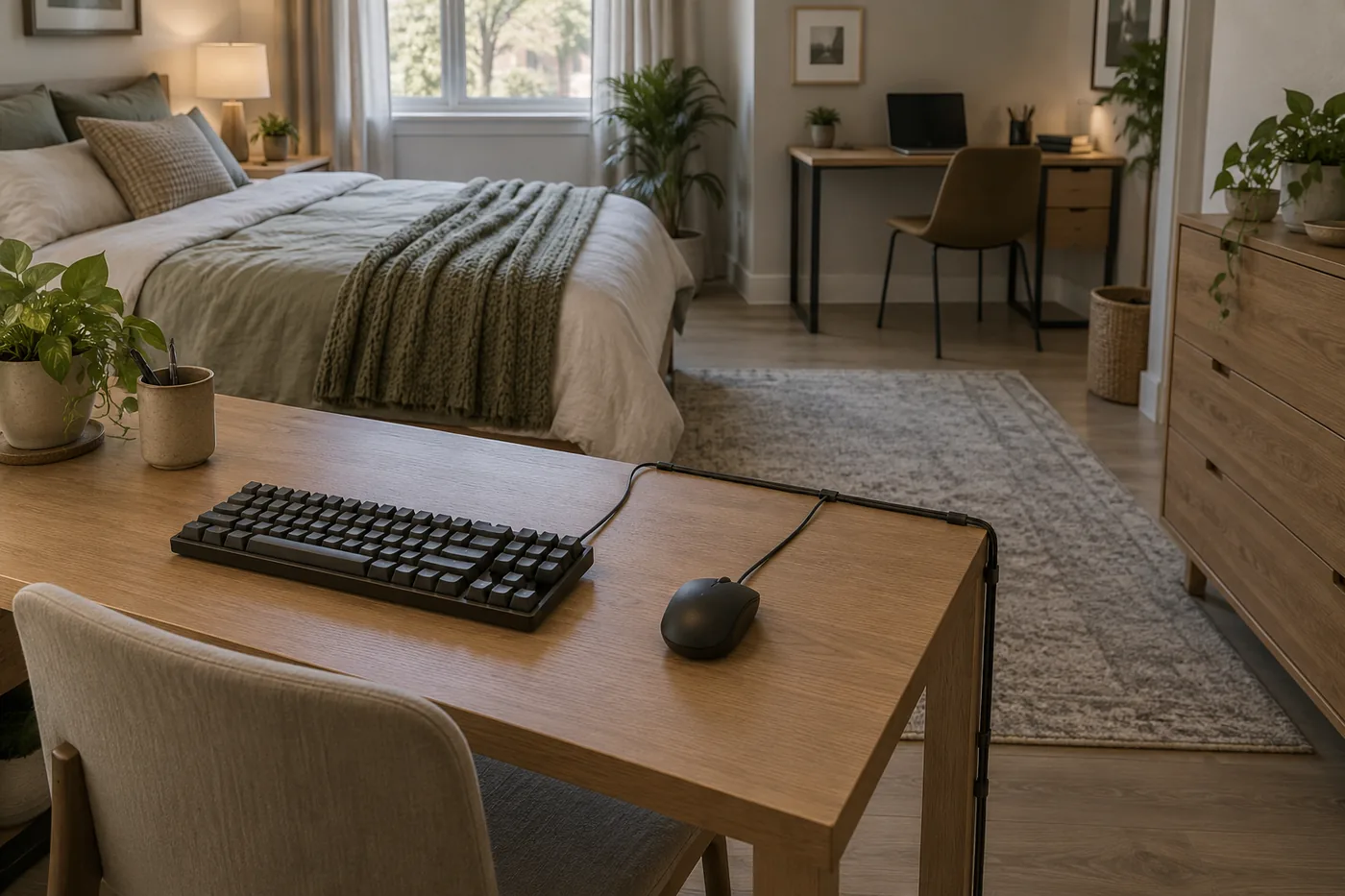 An unbranded compact mechanical keyboard beside a mouse on a bedroom desk, with a separate work area visible across the room