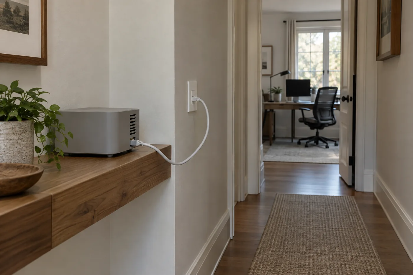 A generic mesh Wi-Fi node on an open hallway shelf with an Ethernet cable leading to a wall jack in an American home