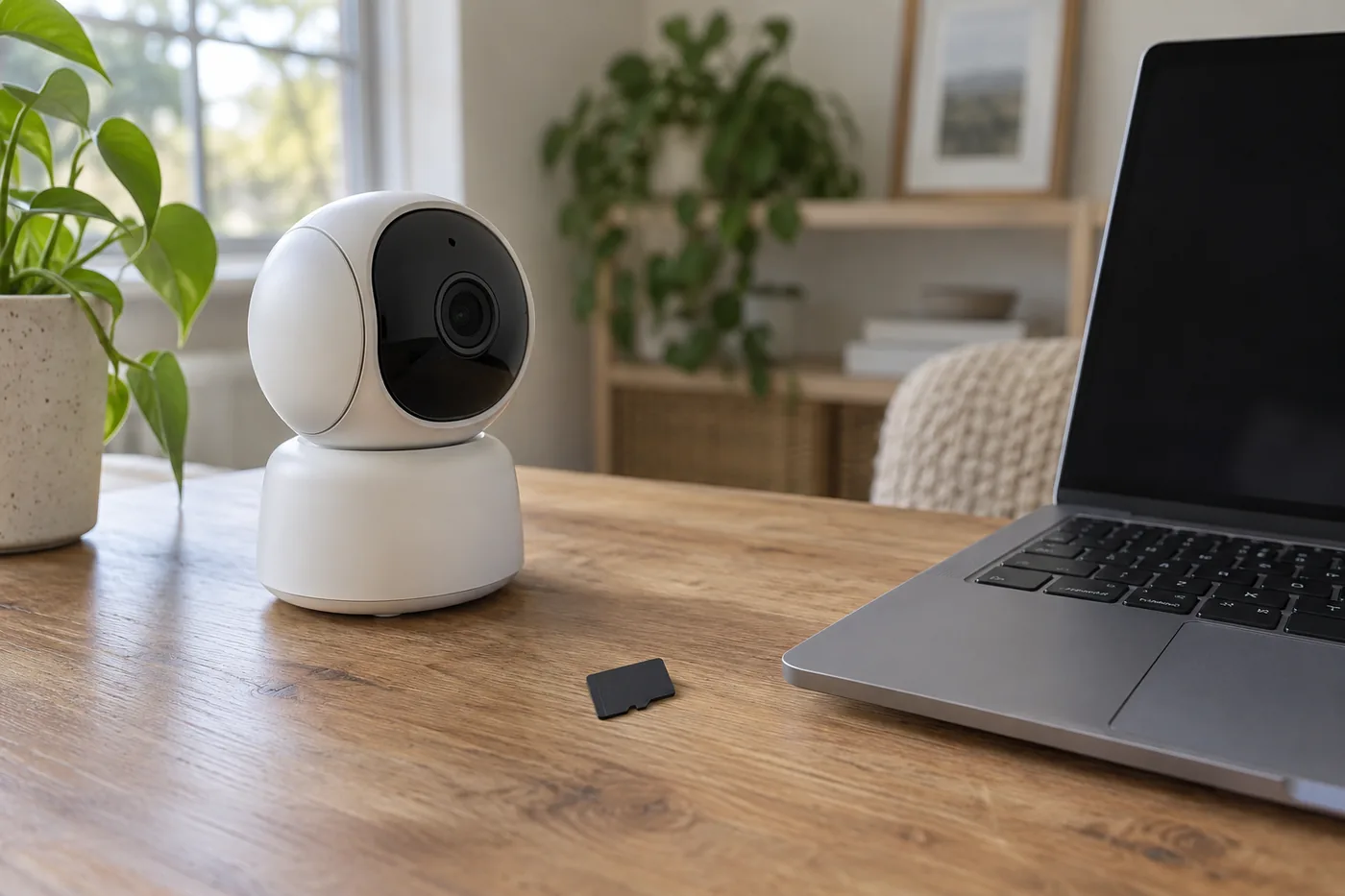 A microSD card beside a generic camera and laptop on a wooden desk in an American home, ready for a footage backup