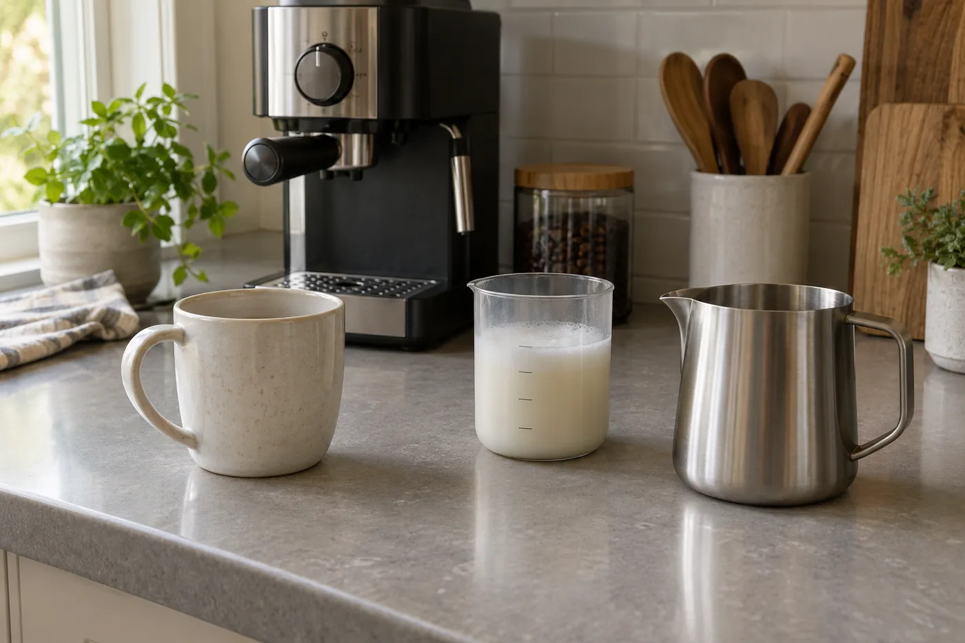 A roomy mug, a measured frothing cup, and a removable pitcher arranged on a small American kitchen counter beside a coffee station