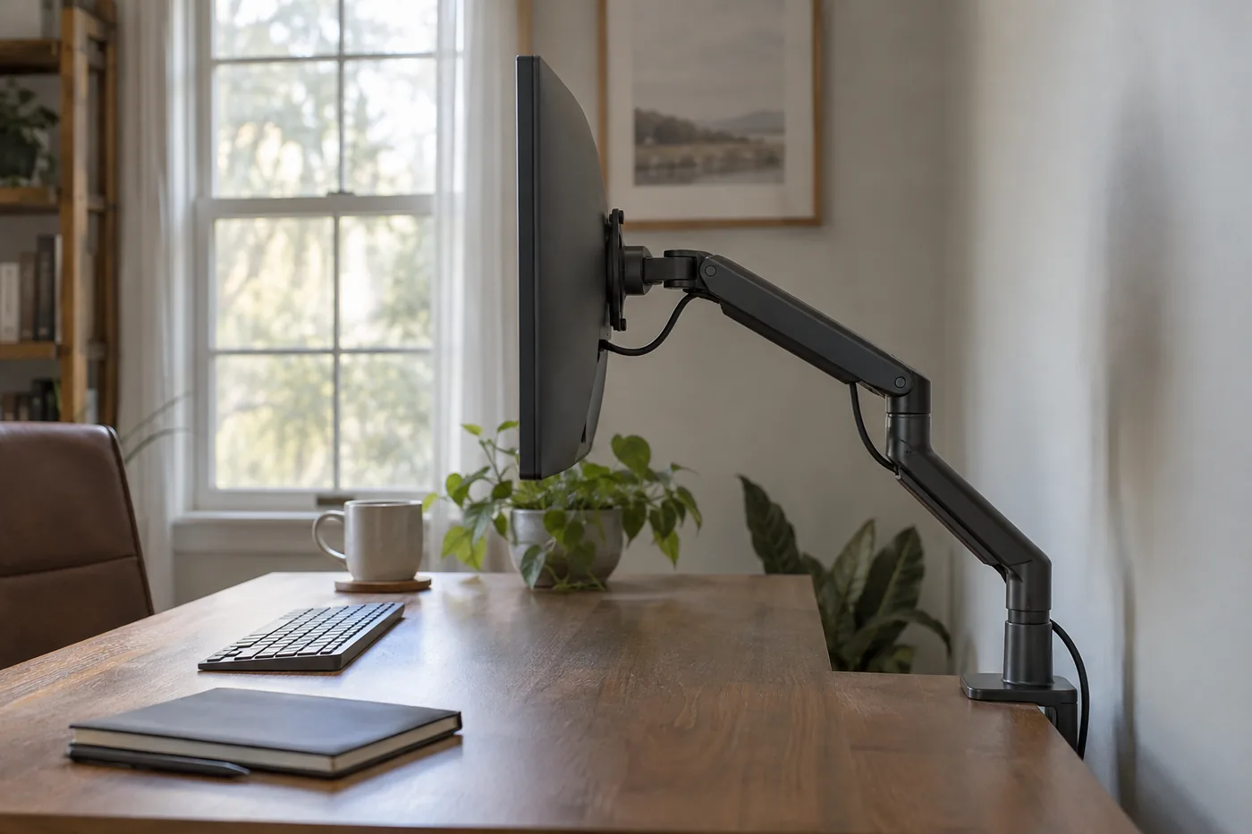 A wood desk in an American home office with a generic monitor arm, room behind the screen, and loose cable loops at the joints