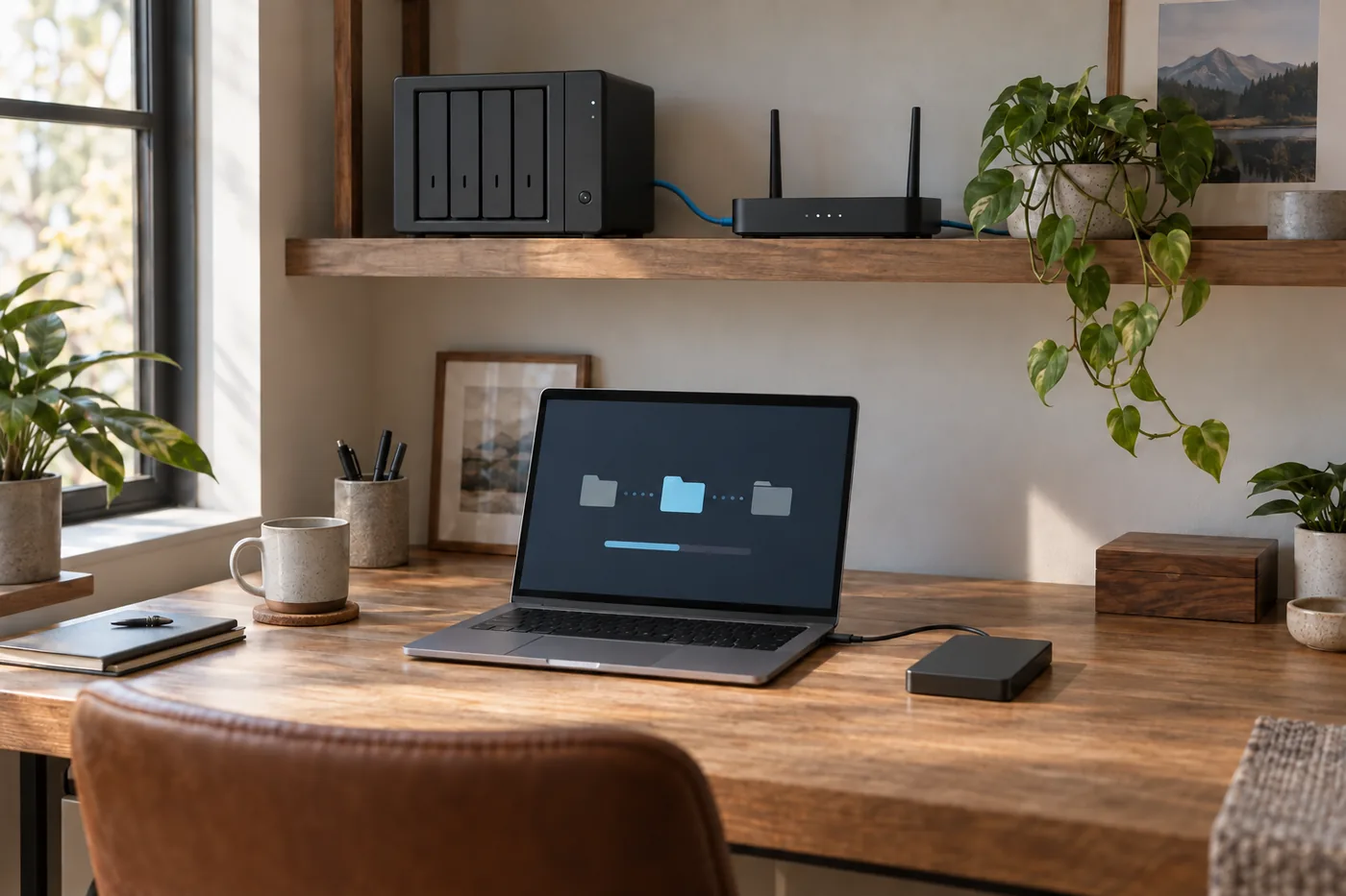 A generic NAS on an open home-office shelf with an Ethernet cable to a router and a laptop nearby