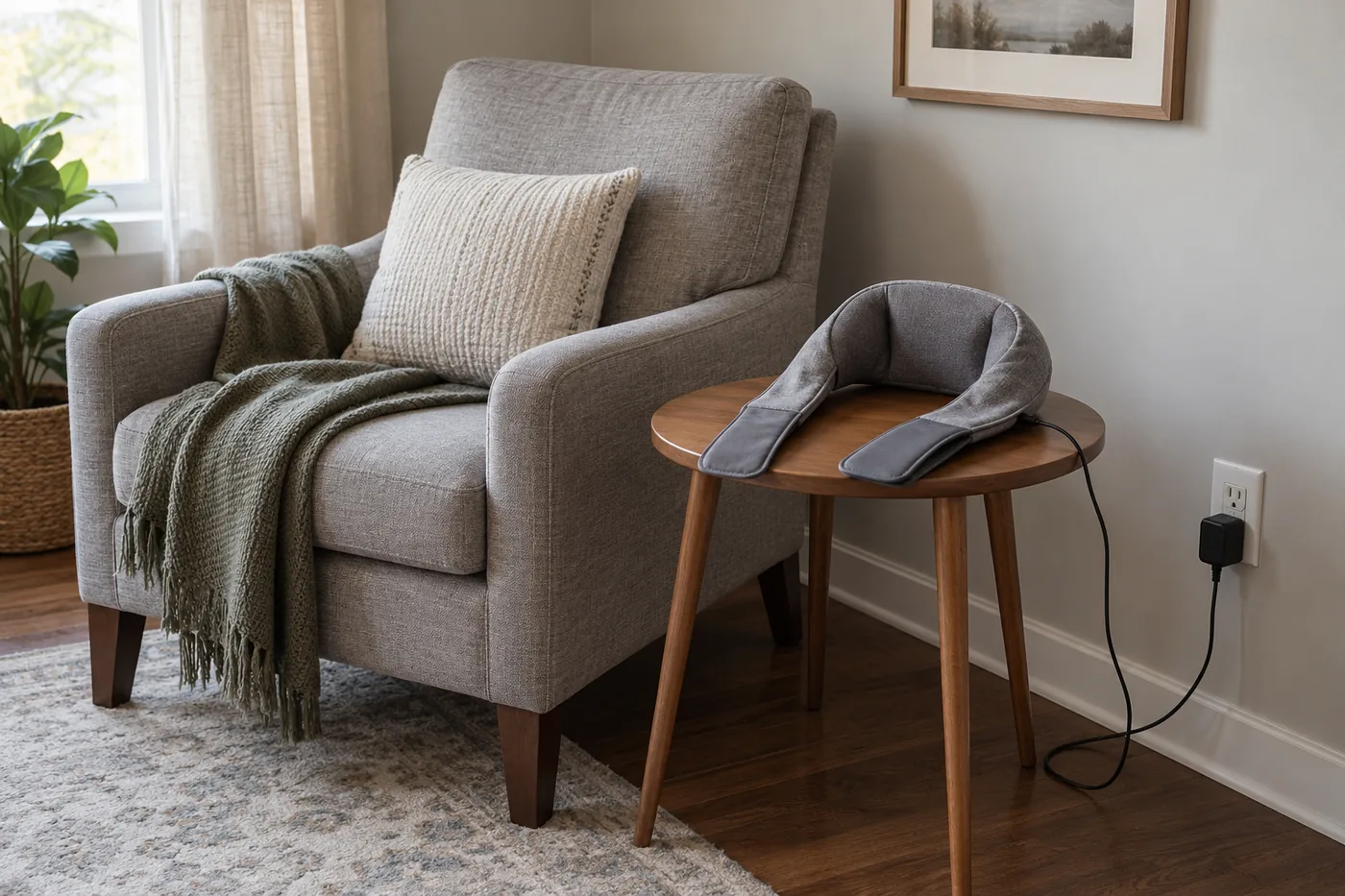 A neck massager beside an armchair in an American living room, with its adapter near a wall outlet and storage space on a side table