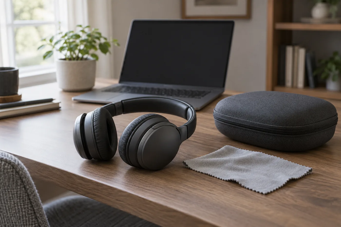 Generic over-ear headphones, a protective case, and a dry cleaning cloth beside a laptop on an American home office desk