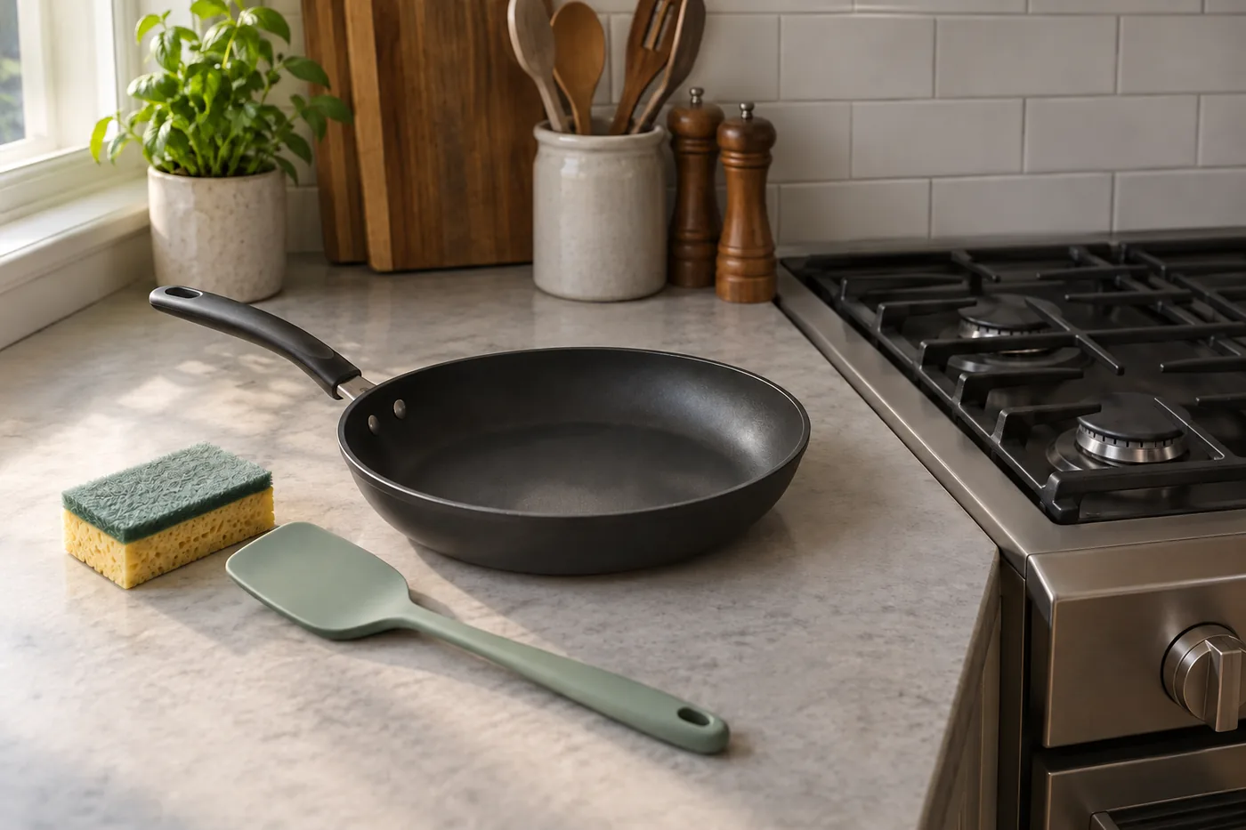 An unbranded nonstick frying pan, silicone spatula, and soft sponge arranged beside a kitchen range