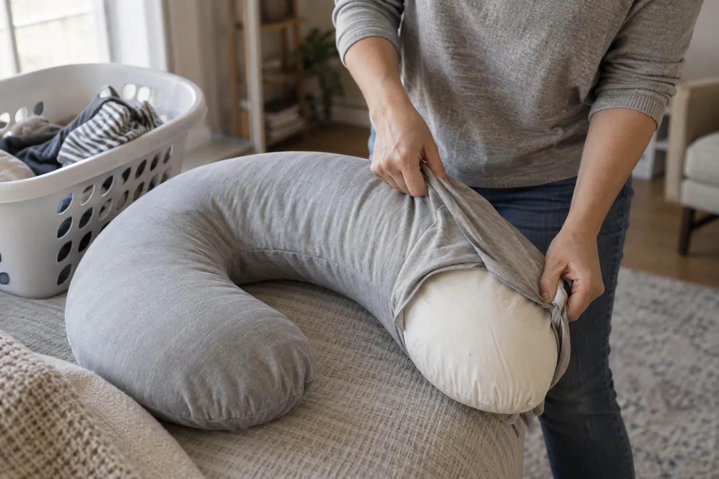 A caregiver removing a plain nursing pillow cover beside a laundry basket in an American apartment