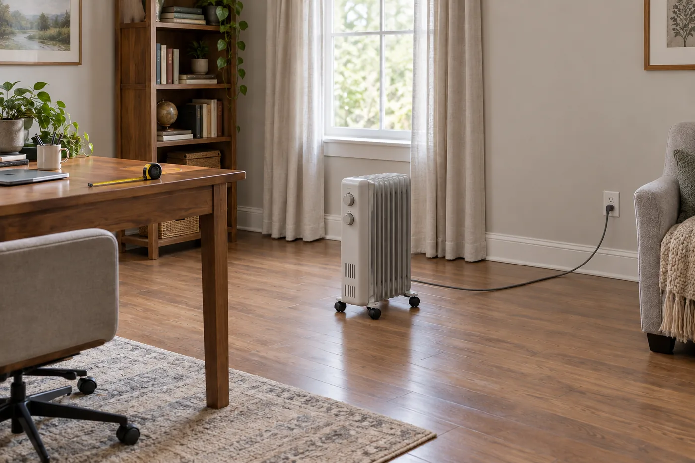 An unbranded oil-filled radiator on an open home-office floor with clear space around it and a cord running directly to a wall outlet