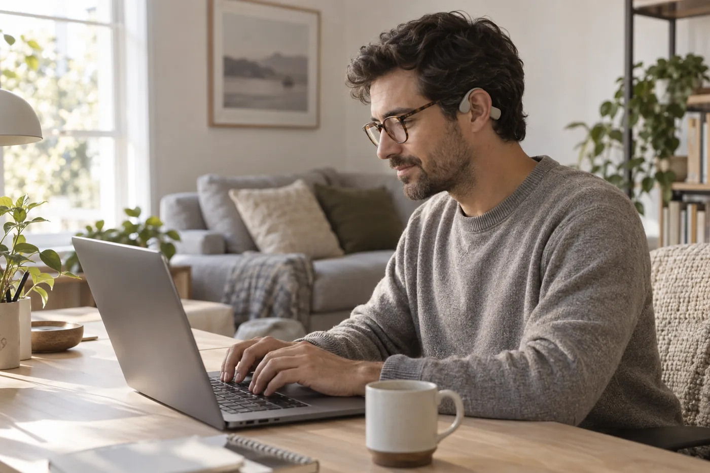 An adult wearing generic clip-on open-ear headphones and glasses at a desk in a sunny American home office