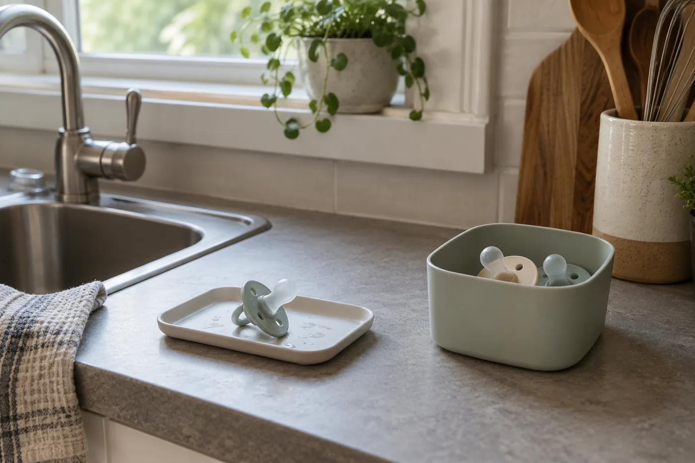 An unbranded silicone pacifier drying on a clean tray beside a kitchen sink, with a separate container for used pacifiers