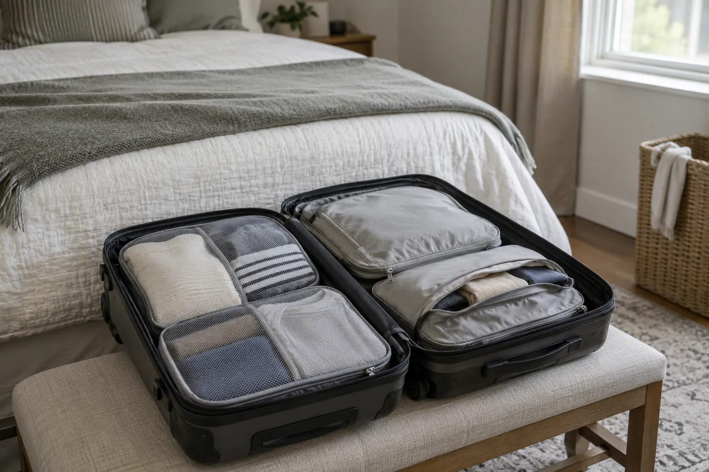 An open suitcase on a bedroom bench beside ordinary and compression packing cubes filled with folded clothes