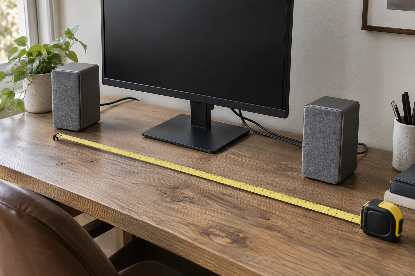 A home office desk with generic speakers beside a monitor, a tape measure, and accessible cables