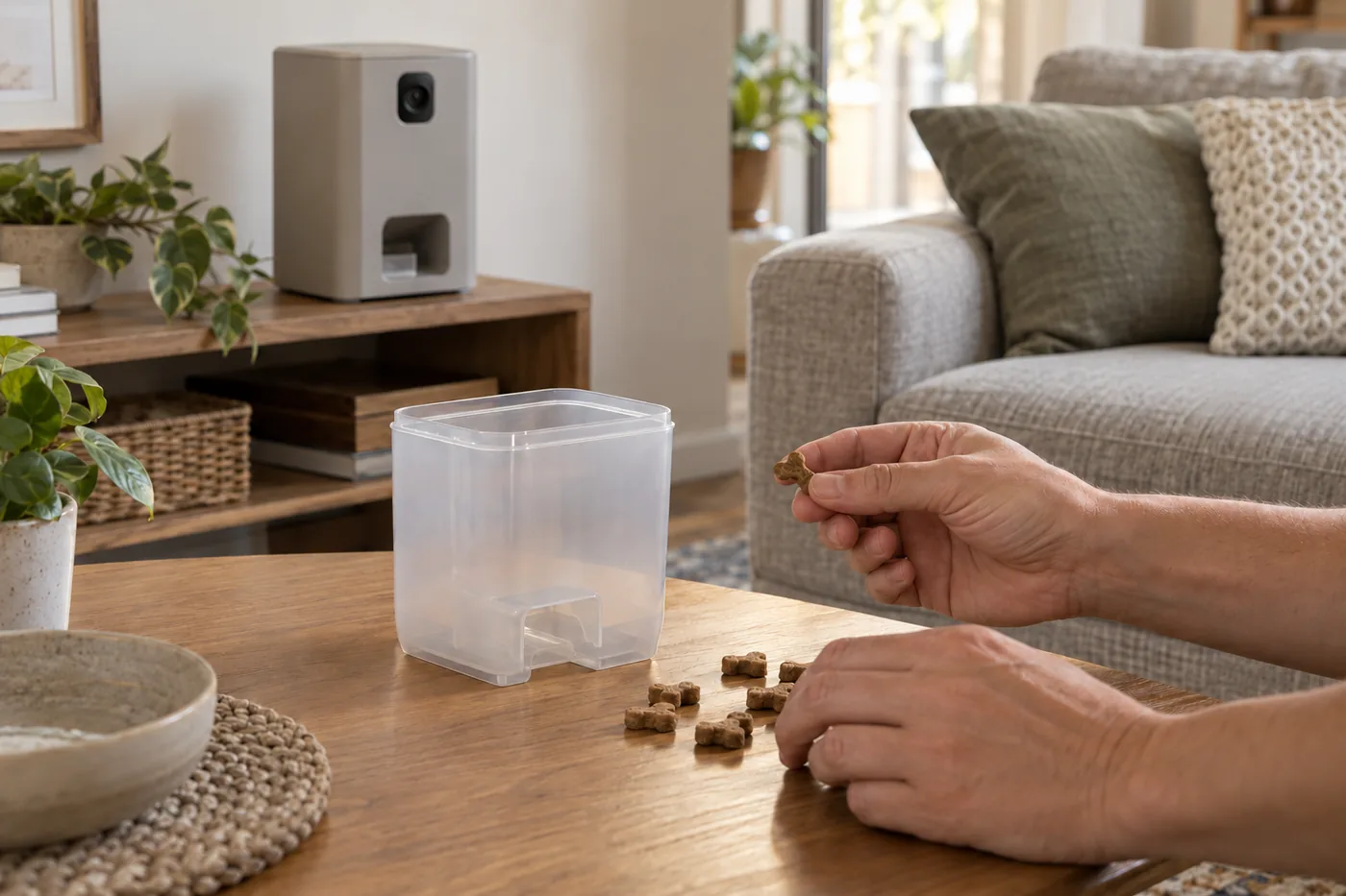 A pet camera on a living-room shelf while a person checks dry treats beside its detached hopper