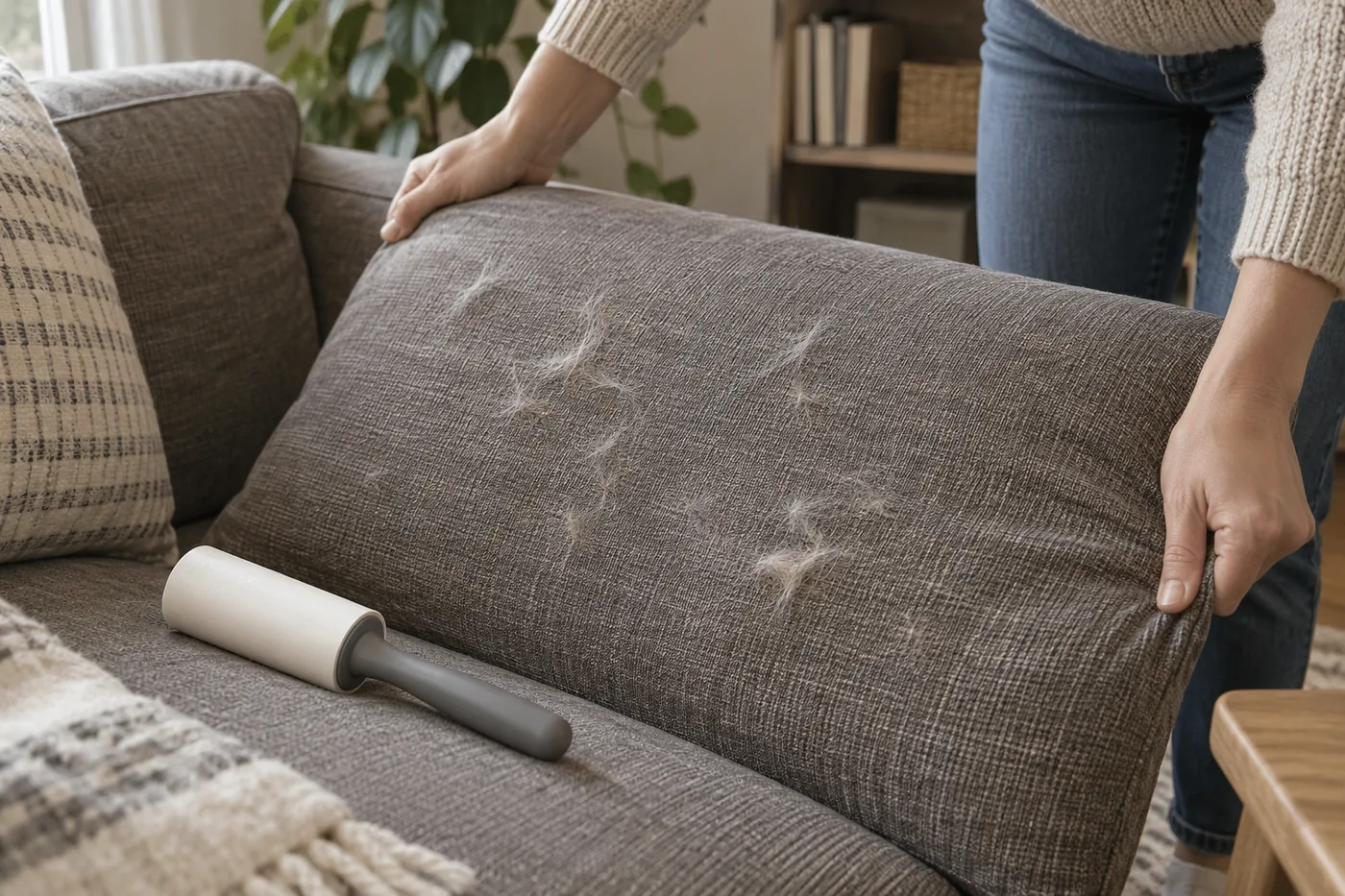 An adult's hands holding a sofa cushion taut while a generic pet hair roller rests nearby in an American apartment
