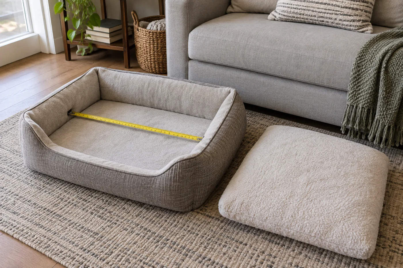 An indoor cat bed beside a sofa, with a tape measure showing the available space and an unheated resting area nearby