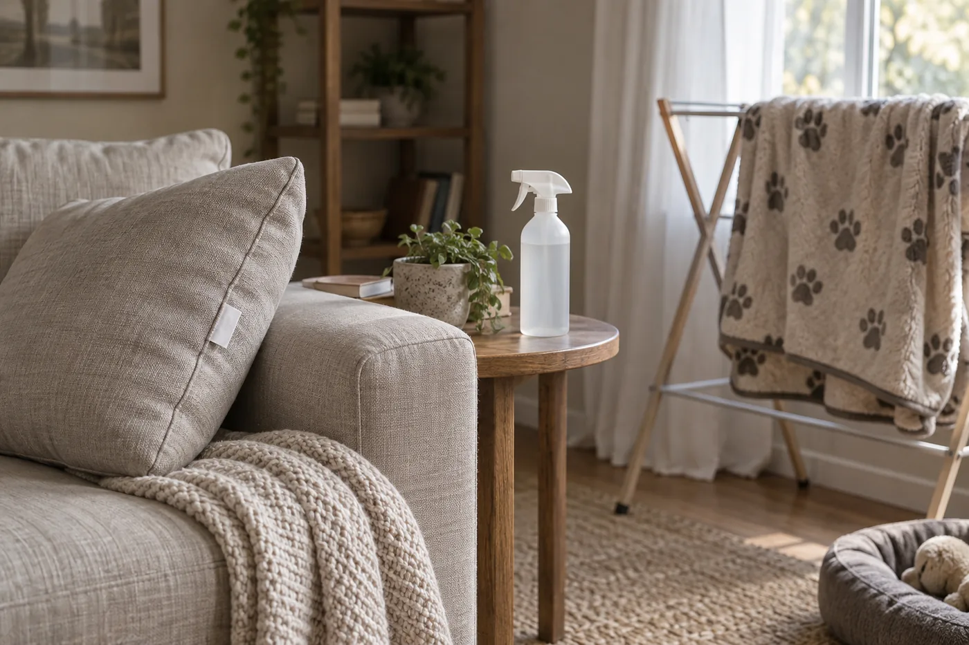 An unbranded fabric spray beside a couch with its care label exposed and a freshly washed pet blanket drying nearby