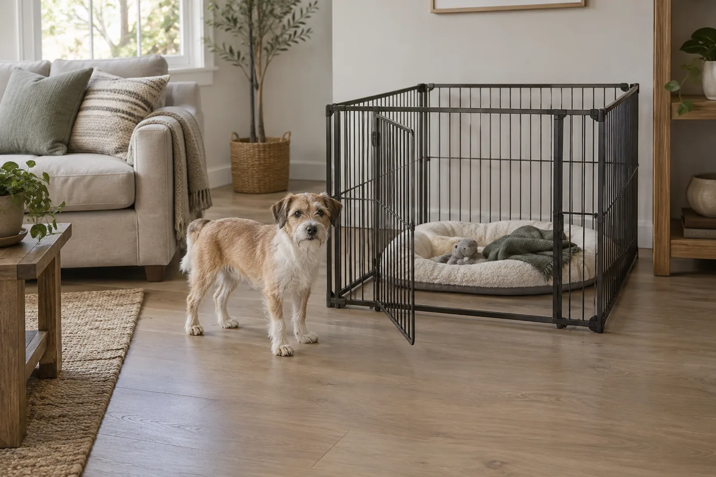 A small dog beside an open playpen door in an American living room, with clear walking space around the enclosure