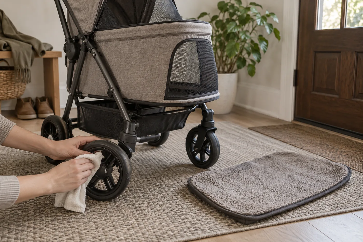 An unbranded pet stroller on an entryway mat while a person wipes a wheel beside a removed washable pad