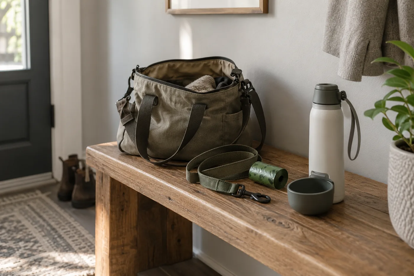 An unbranded dog water bottle beside an open walking bag, leash, and waste bags on an apartment entryway bench