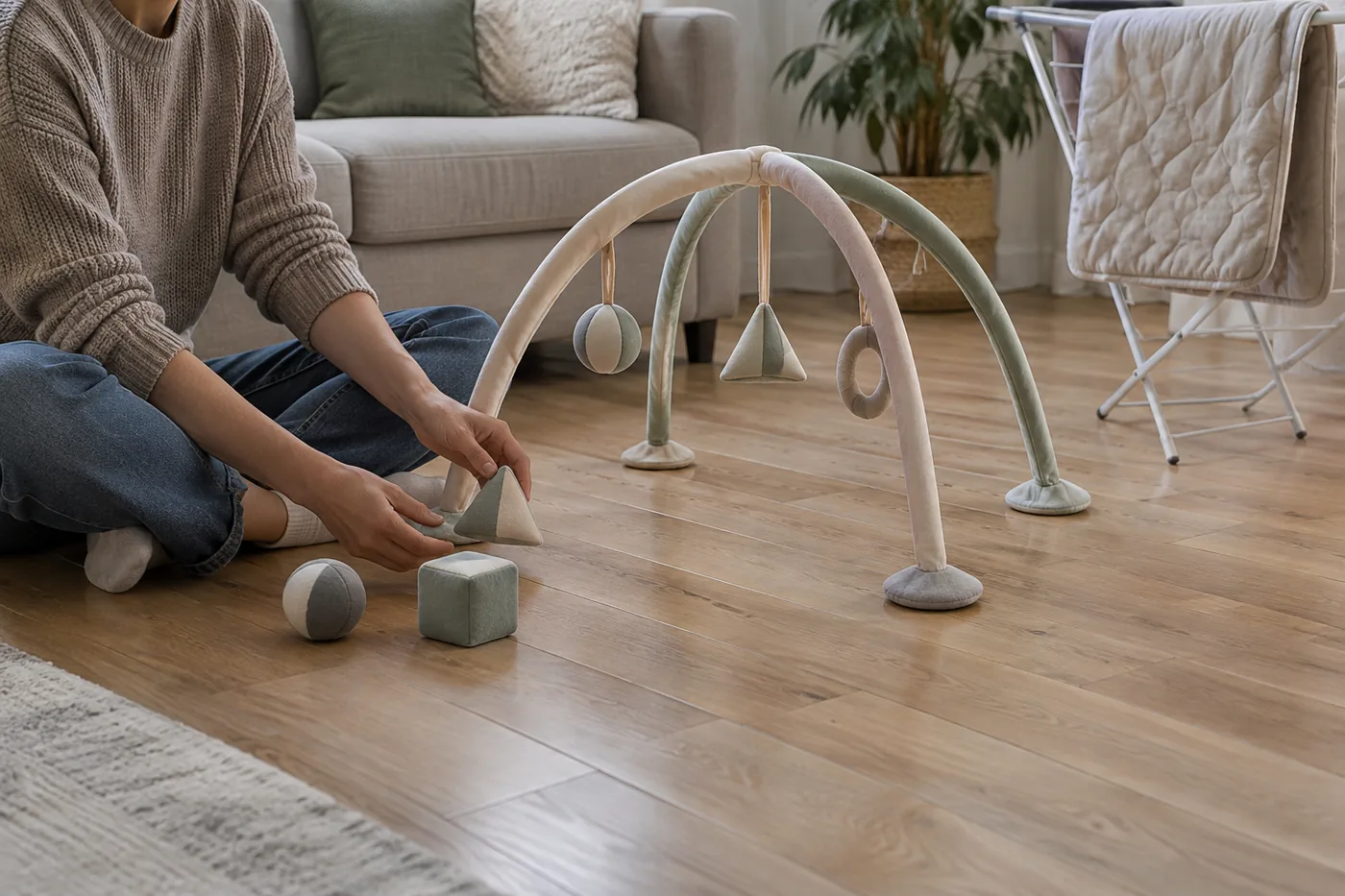 A generic baby play gym on a living room floor, with an adult seated beside it and detachable toys arranged nearby