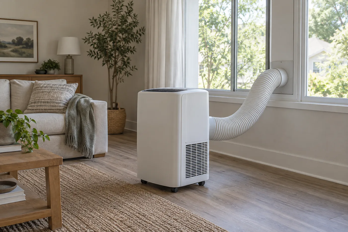 A portable air conditioner vented through a sliding window in an American living room, with open floor space and a clear path to its filter