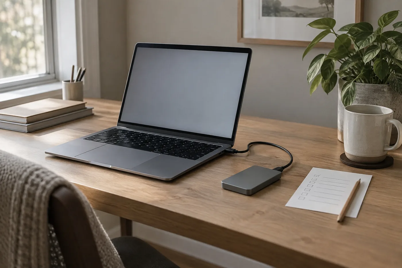 A portable SSD beside a laptop on a small American home office desk, with its cable resting loosely and a notebook listing folders to save