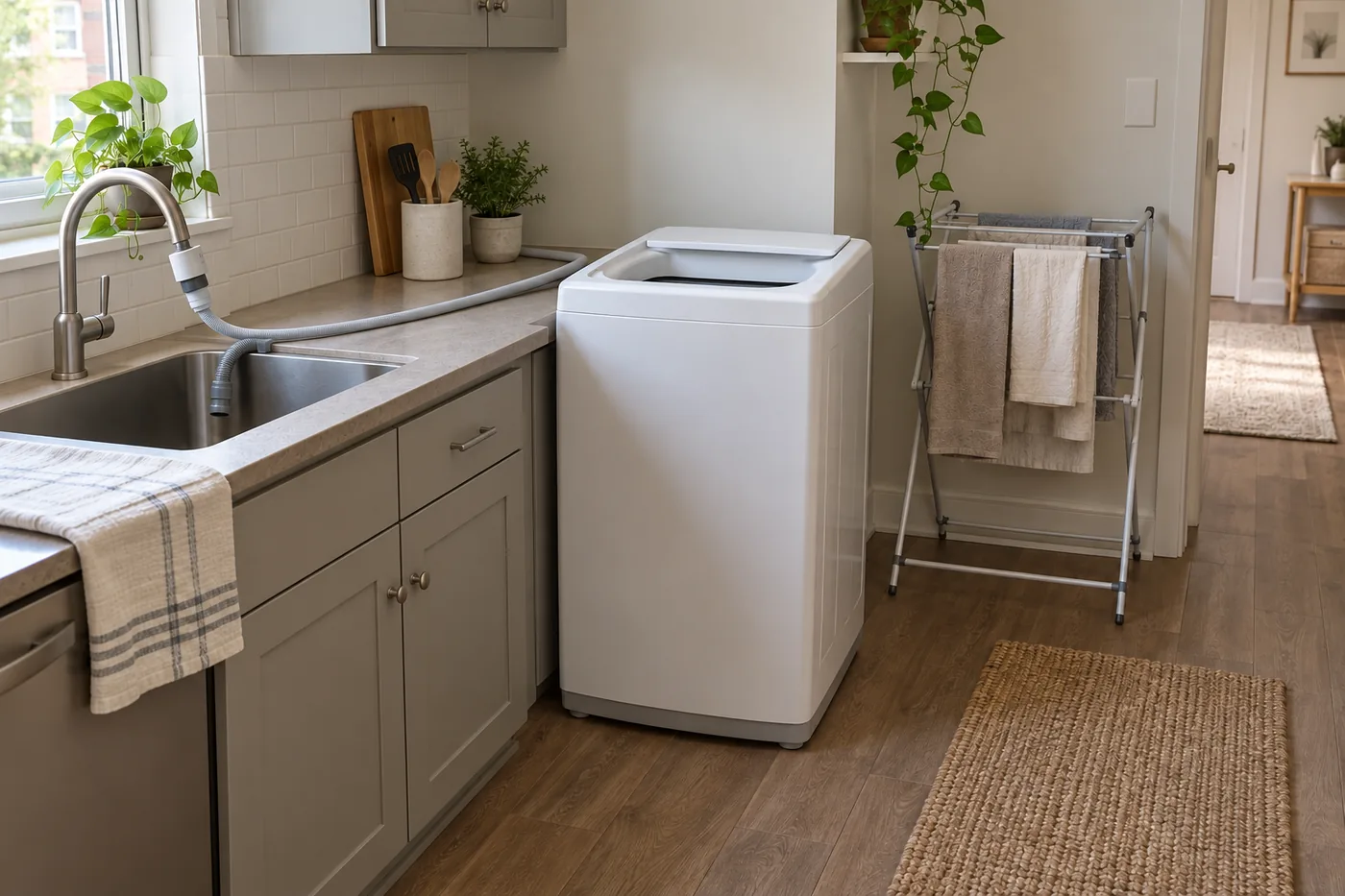 A compact portable washer beside an apartment kitchen sink, with room for hoses and an open lid