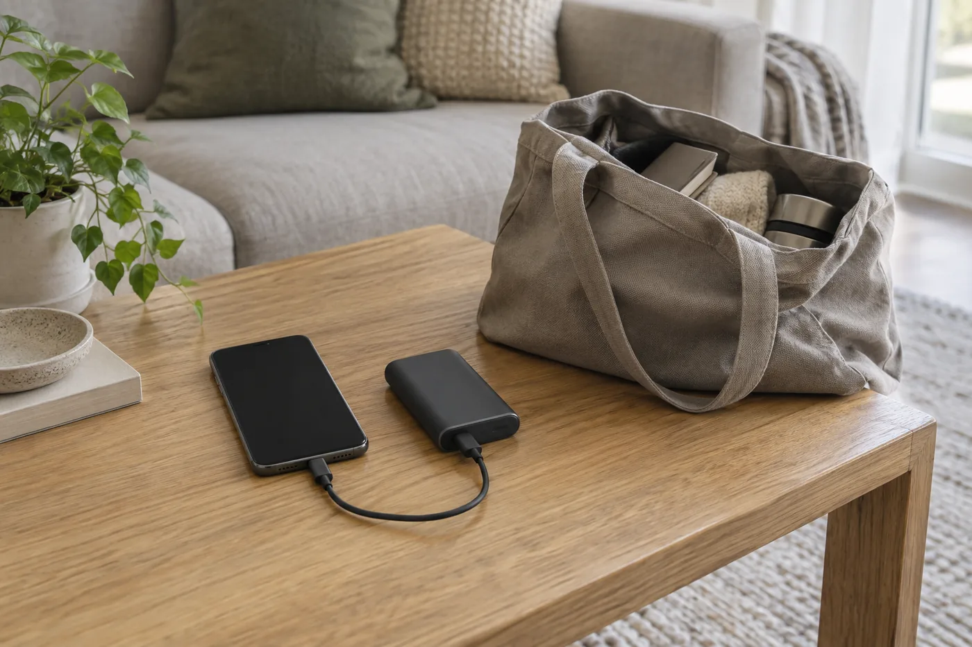 An unbranded power bank recharging on an open entryway console, with a phone and day bag nearby