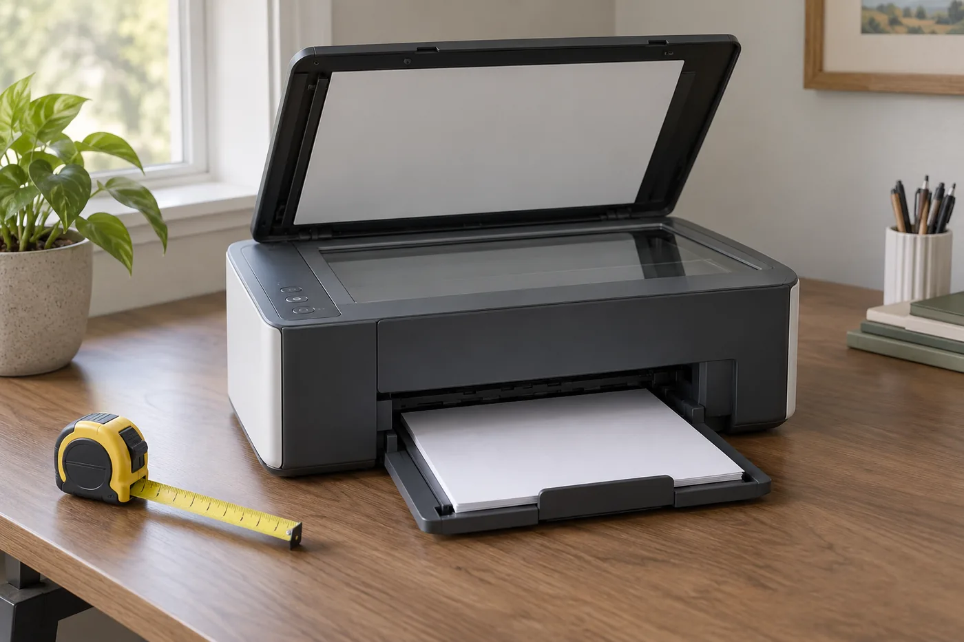 An American home office desk with a generic printer, a tape measure, open scanner lid, and clear space for loading paper
