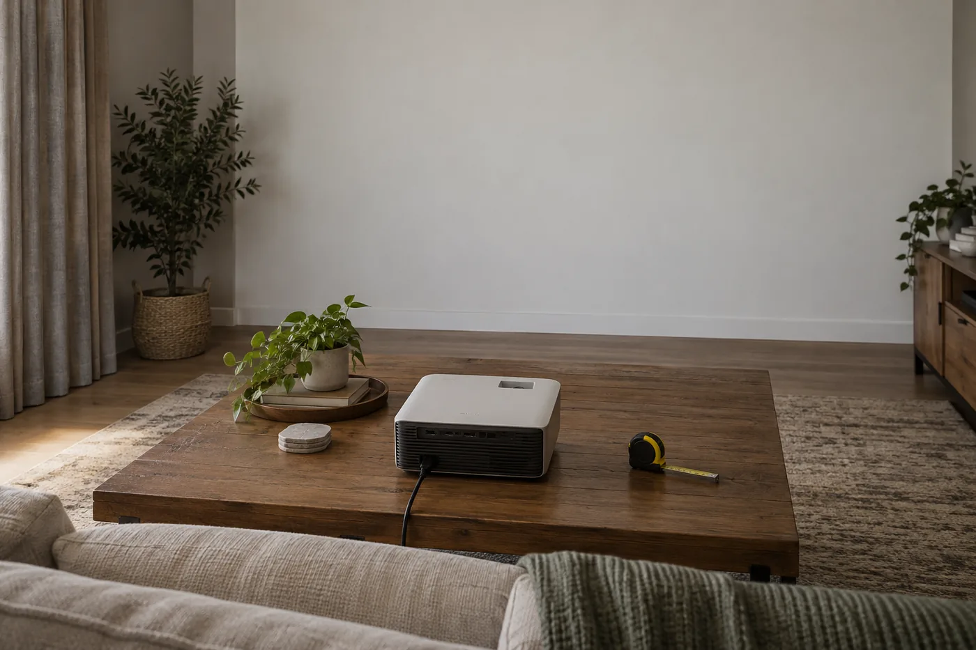 A compact projector centered on a living room table facing a clear wall, with curtains closed and a tape measure beside it