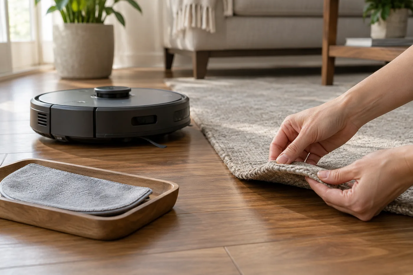A homeowner checking a rug edge beside a generic robot vacuum and a removable mop cloth on a tray