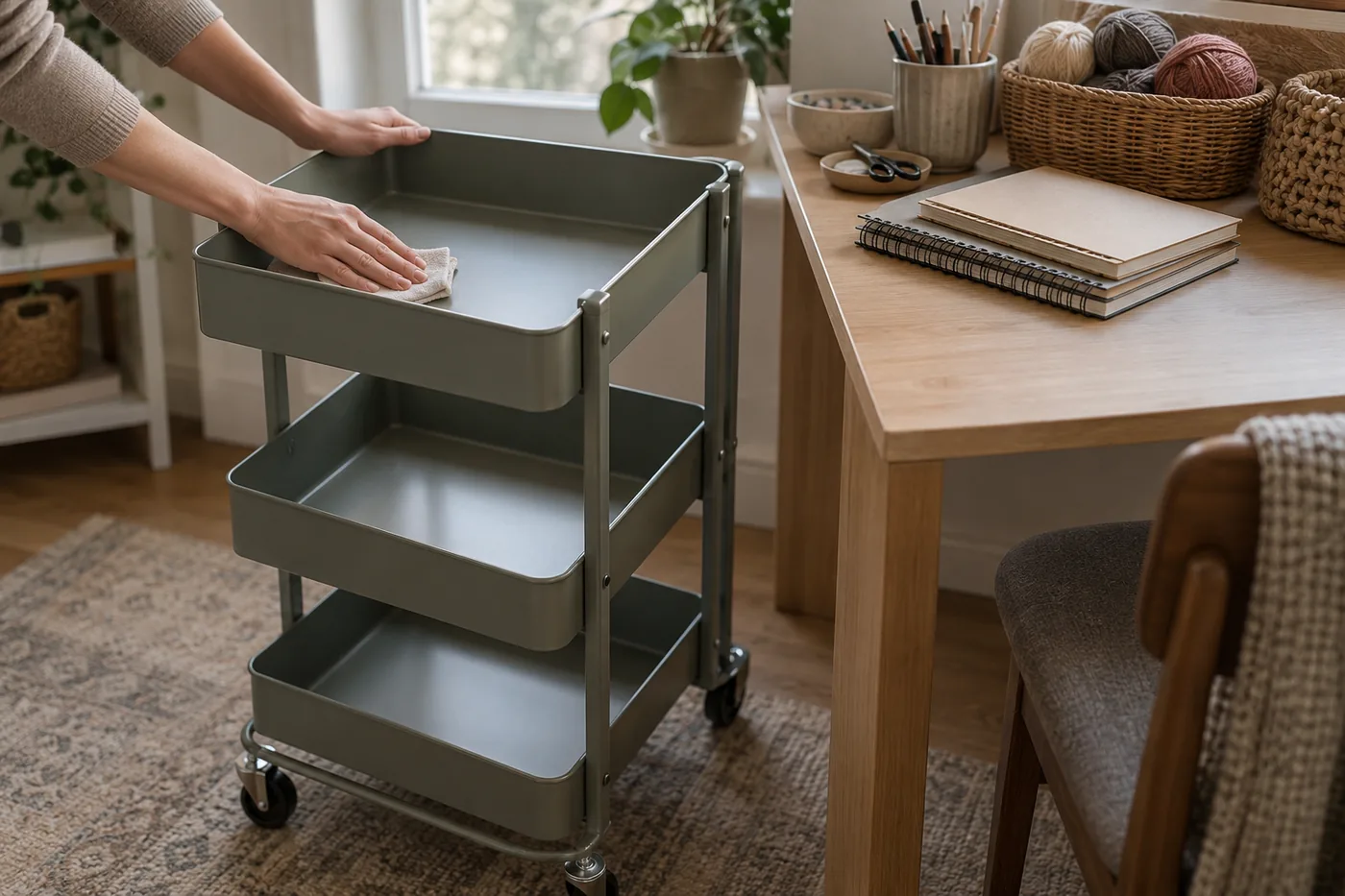 A generic rolling cart beside a craft desk, with supplies set aside while an adult's hands wipe an empty basket