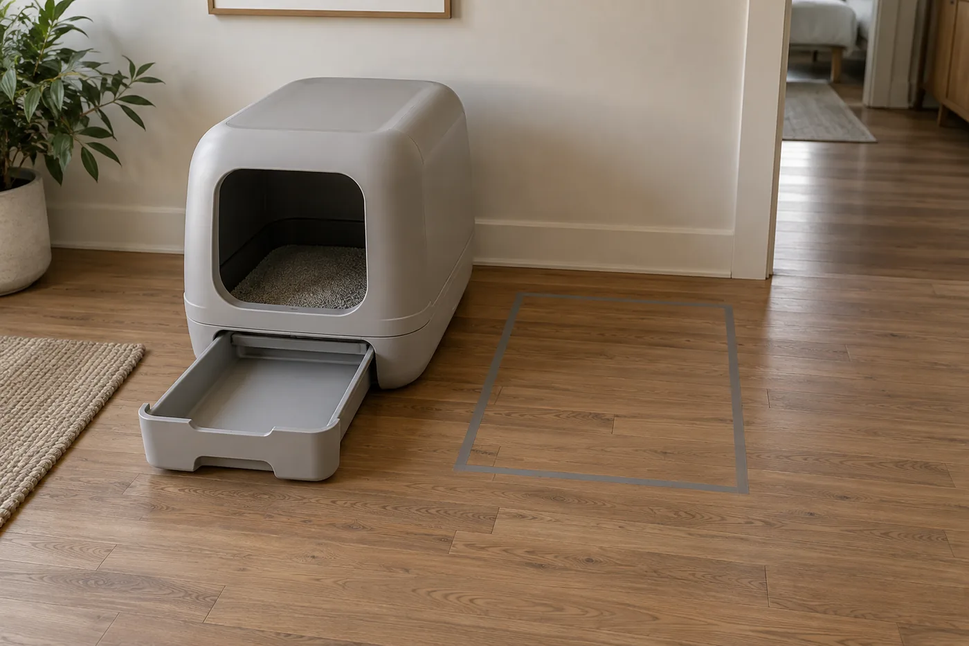 A taped litter-box footprint on a hard floor with clear space in front for removing a waste drawer