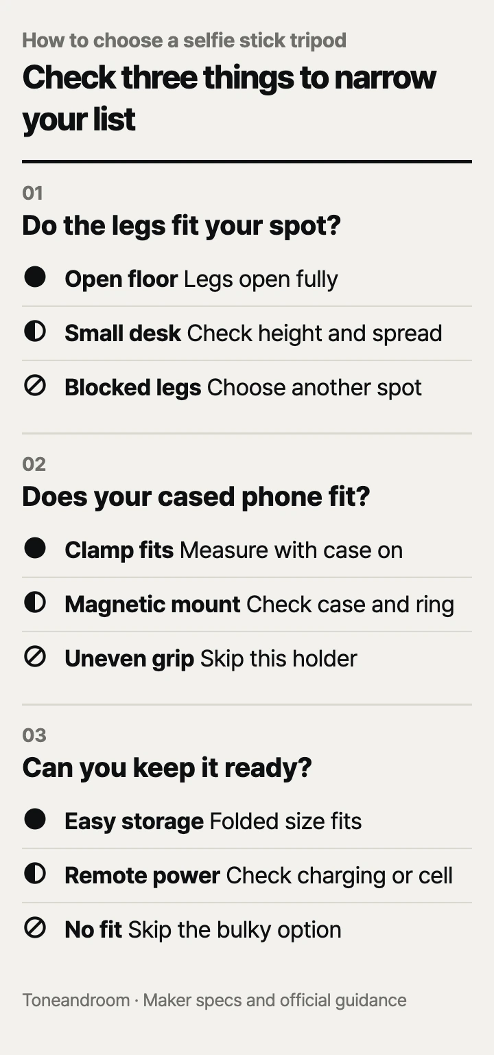 How to choose a selfie stick tripod: floor space, phone fit, daily upkeep