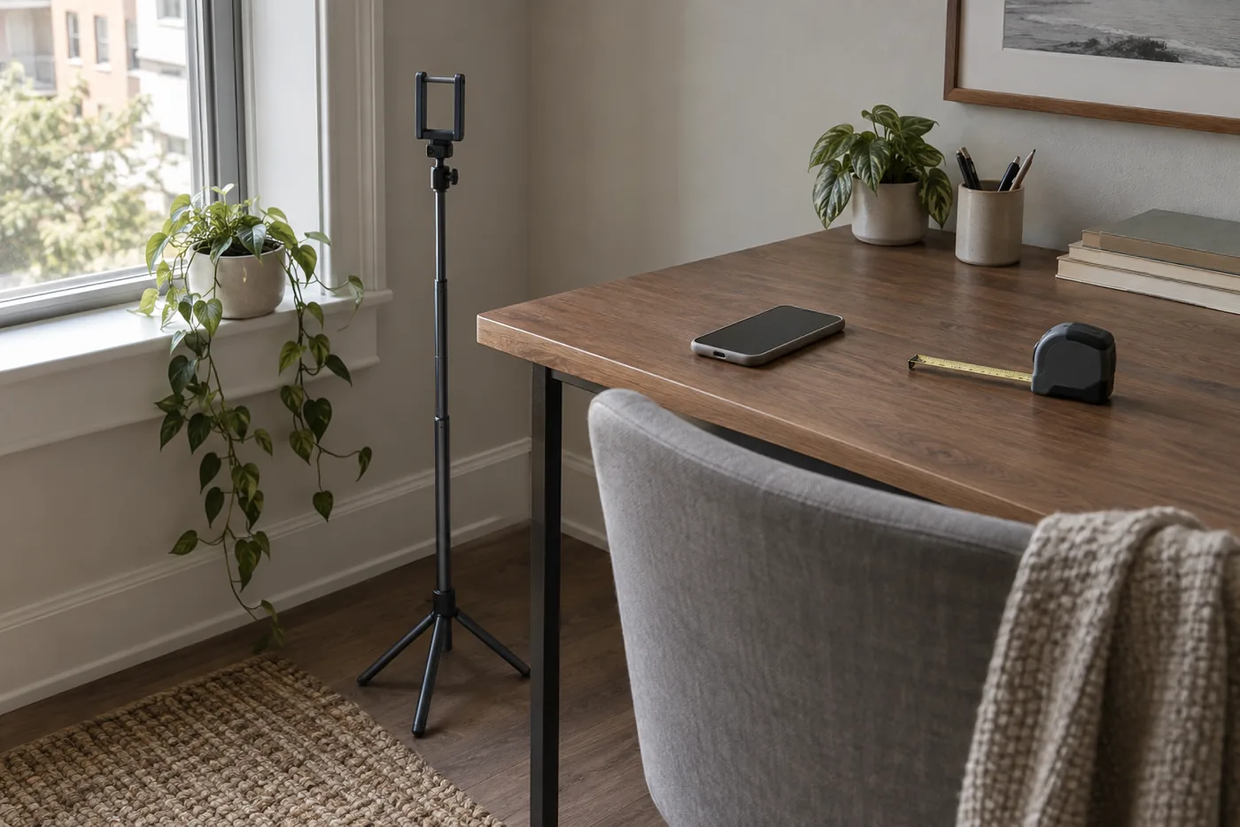 An unbranded selfie stick tripod beside a desk in a small American apartment, with a cased phone and tape measure on the desktop