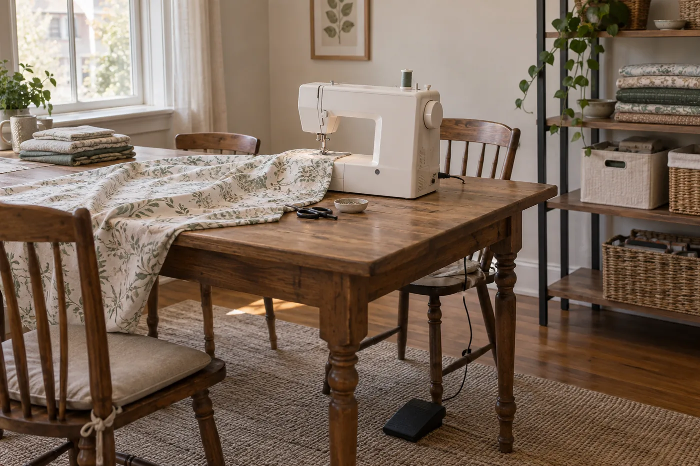 An unbranded sewing machine on an American apartment dining table with supported cotton fabric, a clear foot-pedal area, and a nearby storage shelf