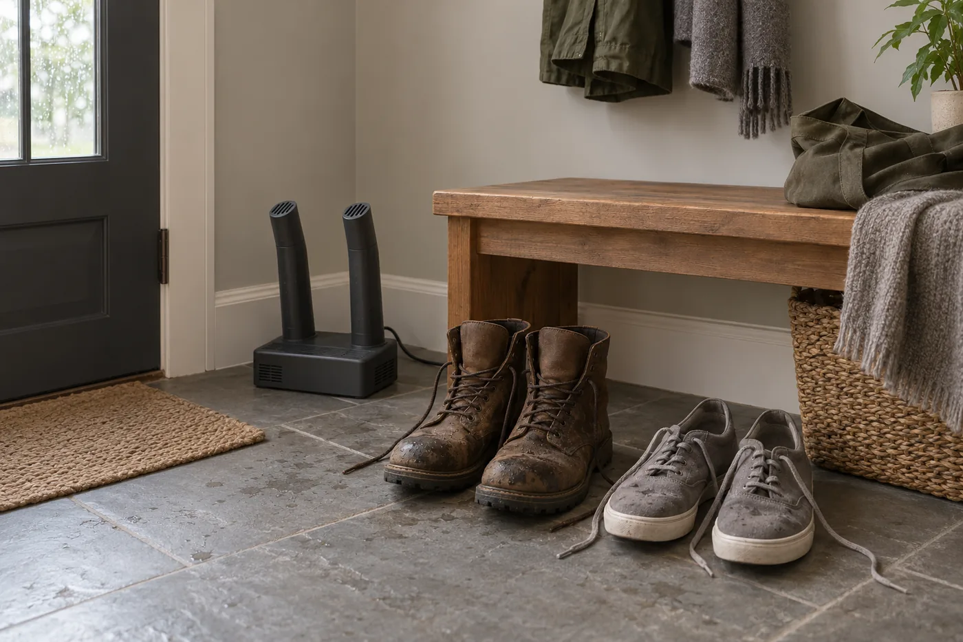 An open mudroom corner with a generic shoe dryer, work boots, and sneakers beside a bench