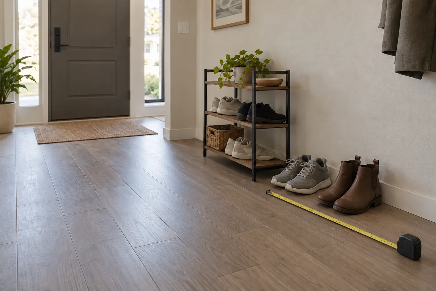 Measuring sneakers and ankle boots beside an open shoe rack in an American entryway
