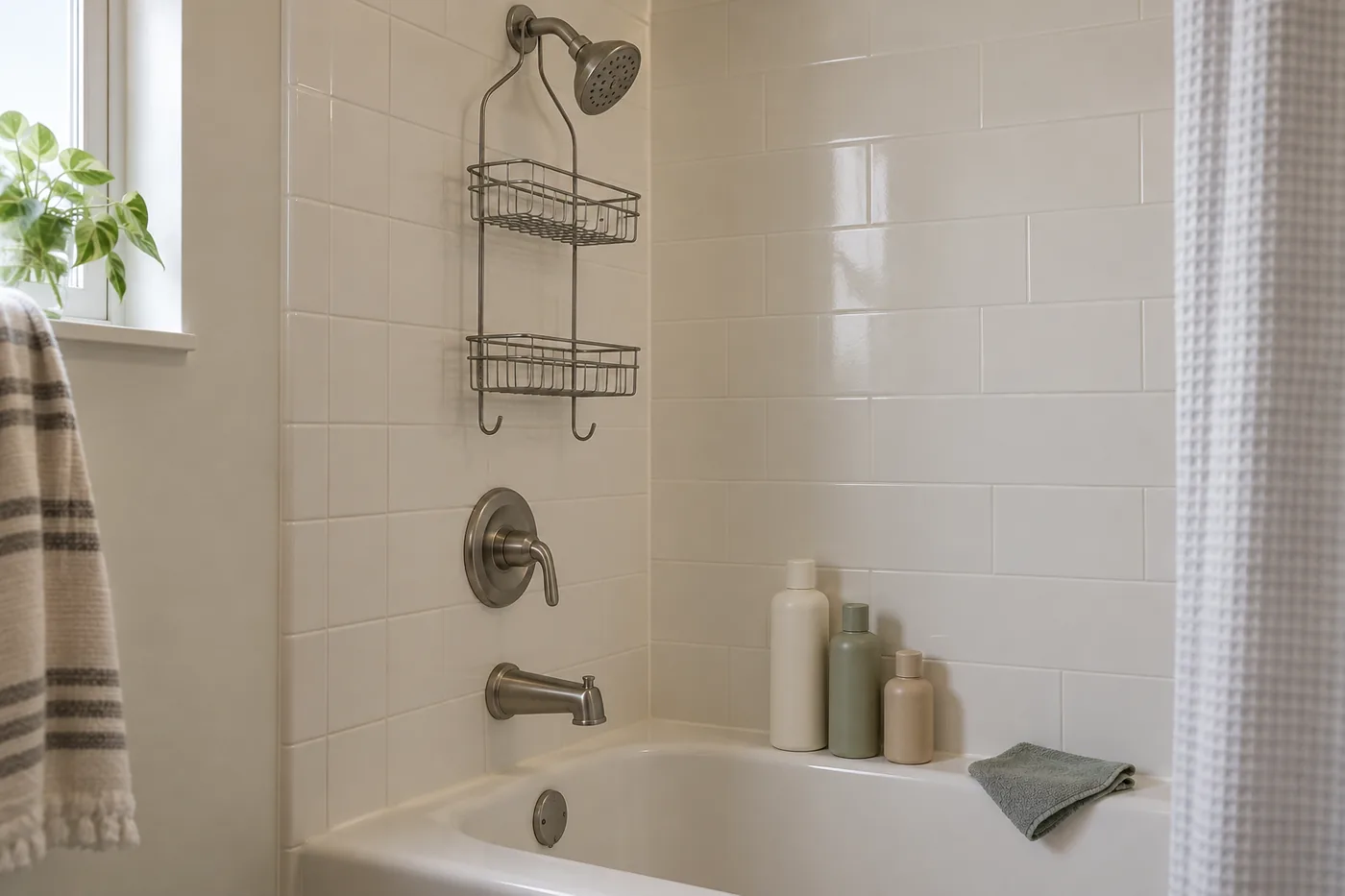 An uncluttered American apartment shower with an open wire caddy, unbranded bottles on the tub ledge, and a cleaning cloth nearby