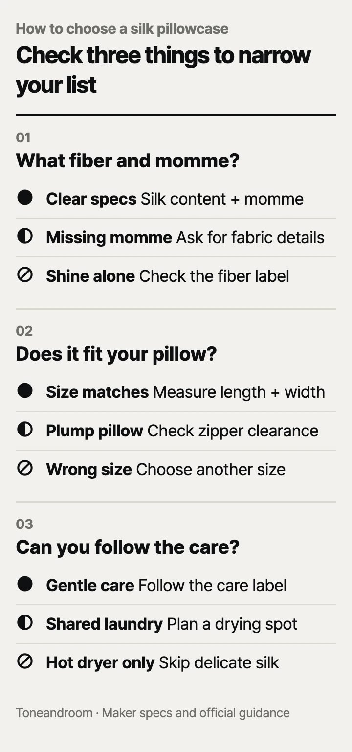 How to choose a silk pillowcase: fiber and momme, pillow fit, wash routine