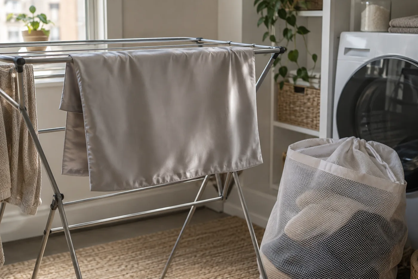 A silk pillowcase drying on a rack beside a mesh laundry bag in an American apartment laundry nook