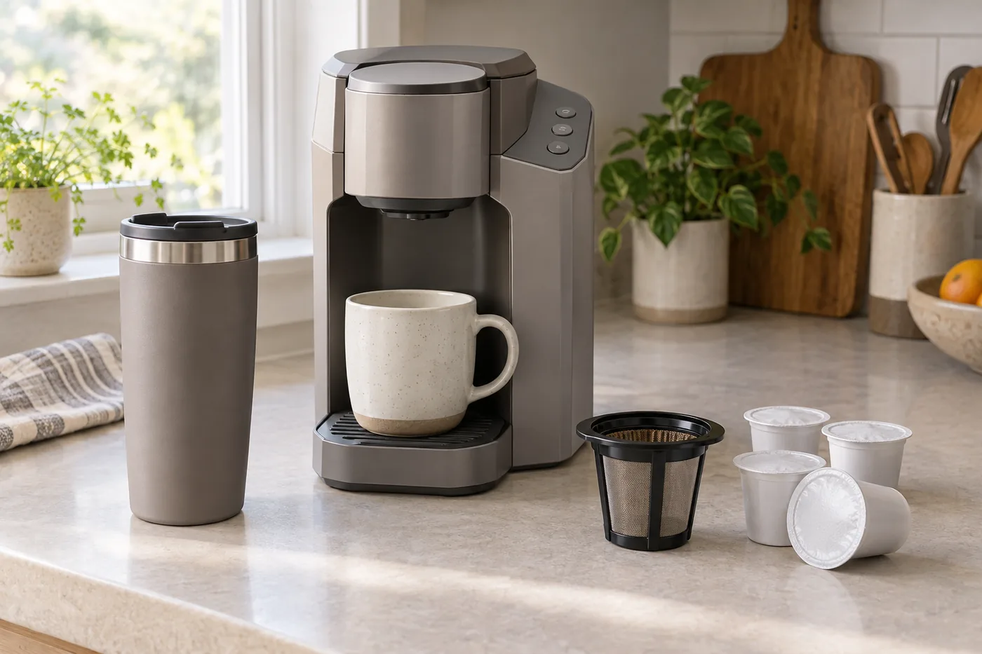 A travel mug and ceramic cup beside a generic coffee maker, with a reusable grounds filter and sealed coffee pods on an American kitchen counter