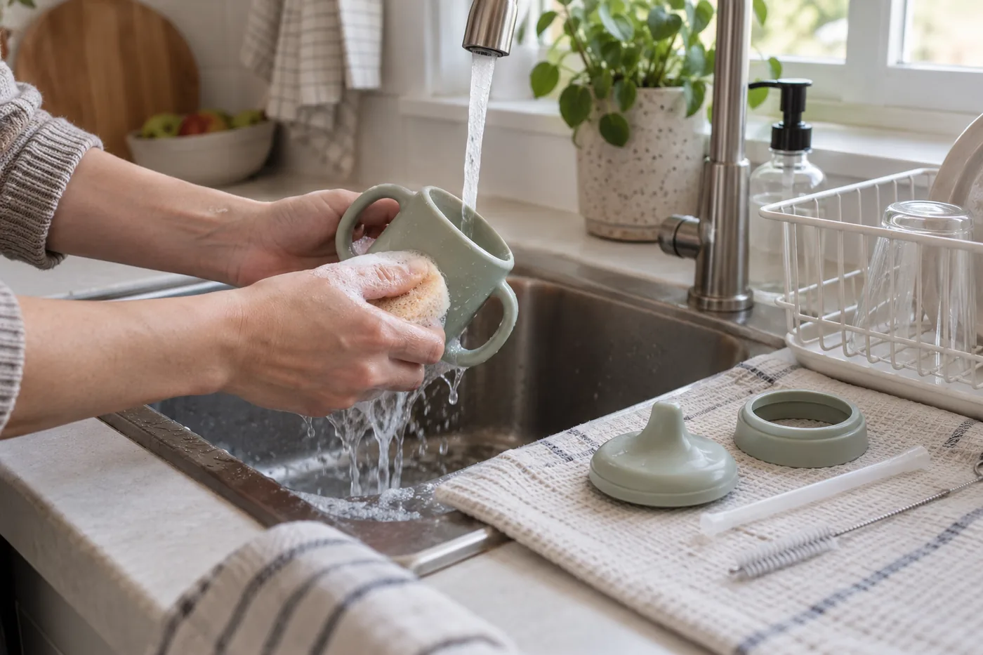 An adult's hands washing an unbranded cup beside separated lid parts and a straw brush in a small American kitchen