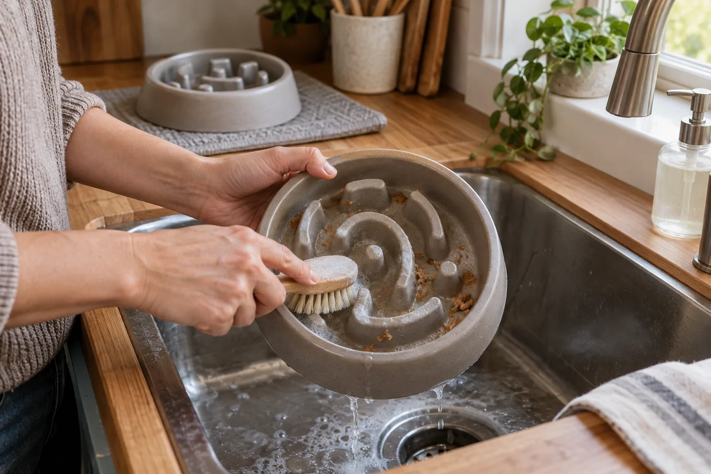 A slow feeder bowl being brushed clean beside a kitchen sink in an American home