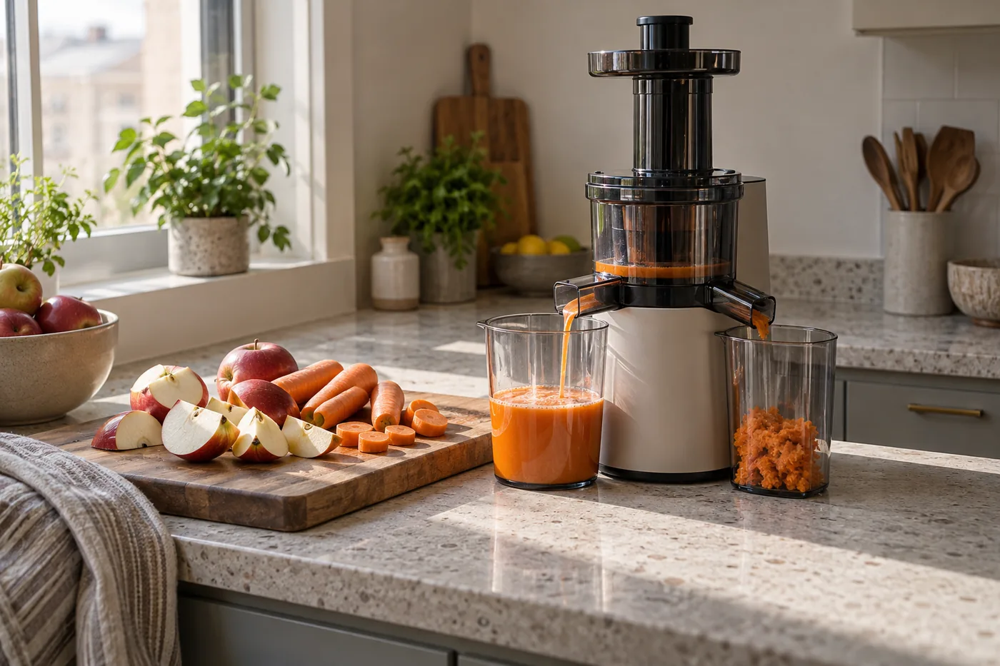 Chopped apples and carrots beside a generic slow juicer and collection cups on an American apartment kitchen counter