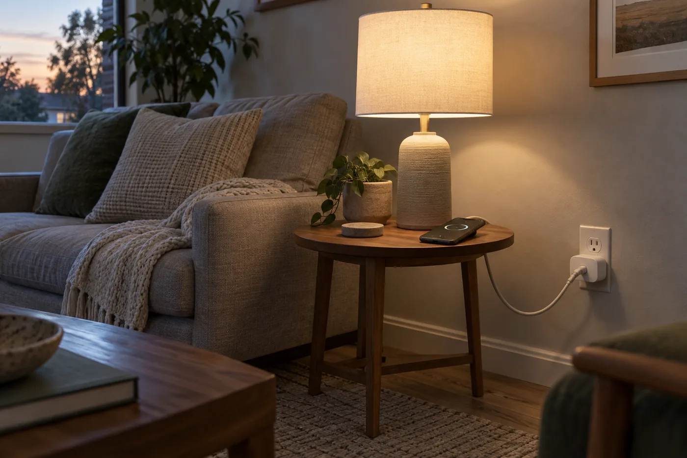 A living room lamp connected through a generic smart plug, with the neighboring wall outlet visible and a phone nearby