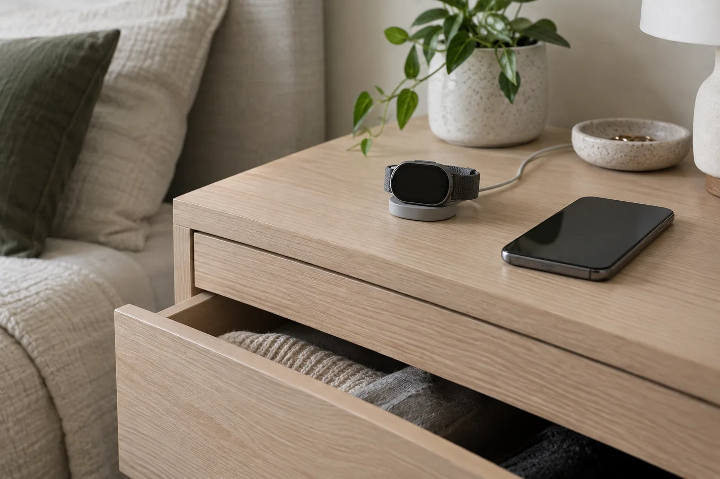 An unbranded smartwatch charging on a bedroom dresser beside a phone and an open drawer