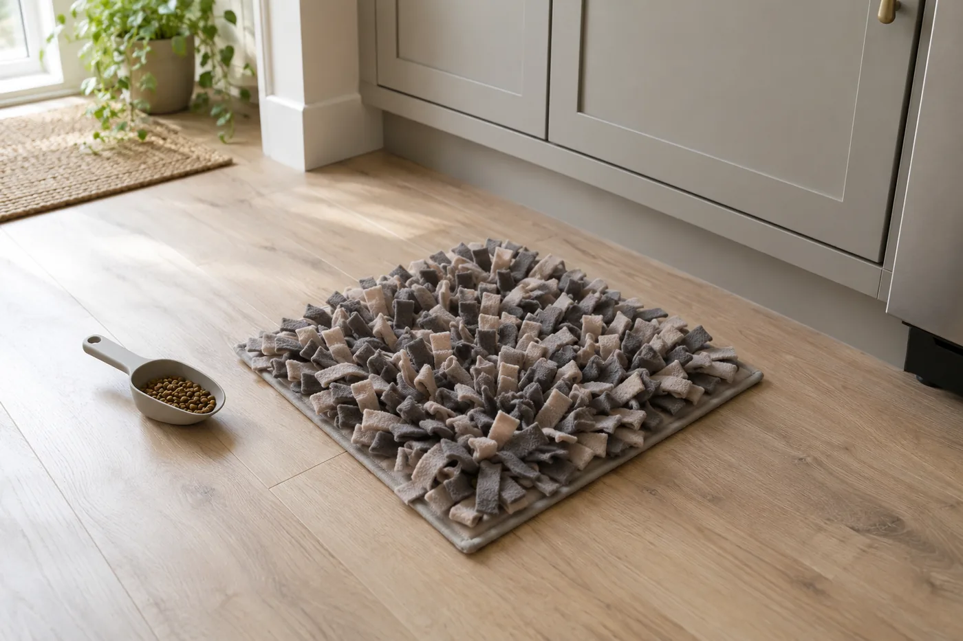 A plain snuffle mat laid open beside a kitchen cabinet, with a kibble scoop and clear floor space in a small American home