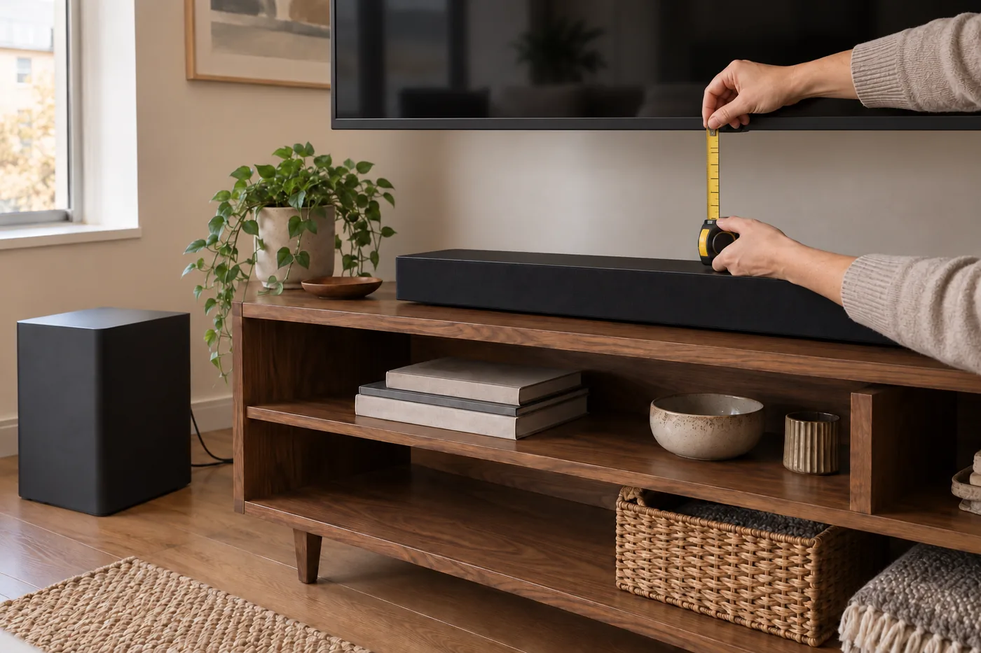 A soundbar beneath a TV on an open console, with a tape measure checking screen clearance and space beside the console for a subwoofer