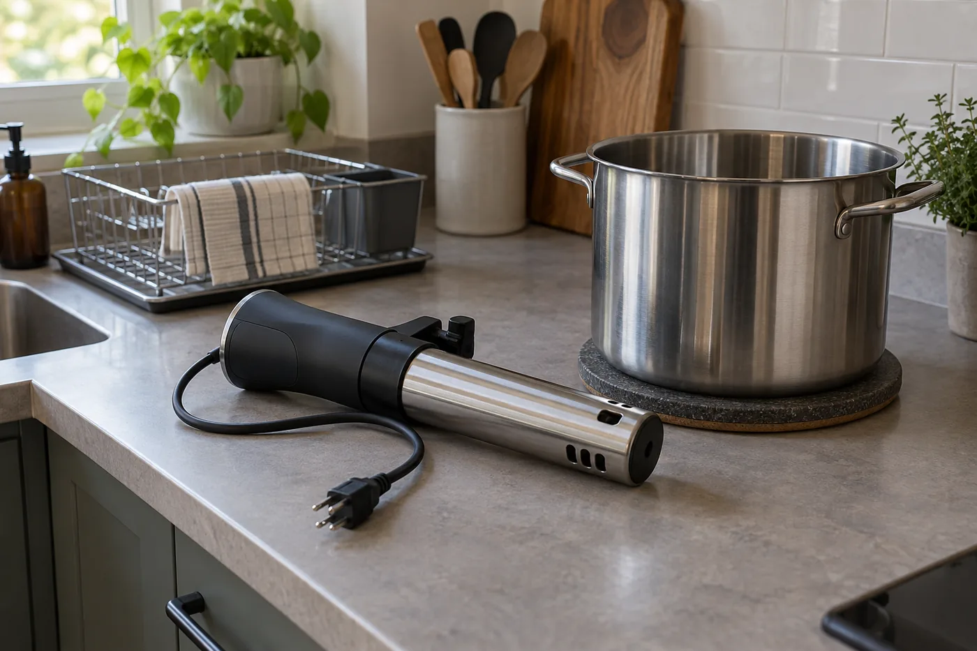 A cooled, unplugged immersion cooker beside an empty stockpot, a sturdy trivet, and a drying rack in an American apartment kitchen