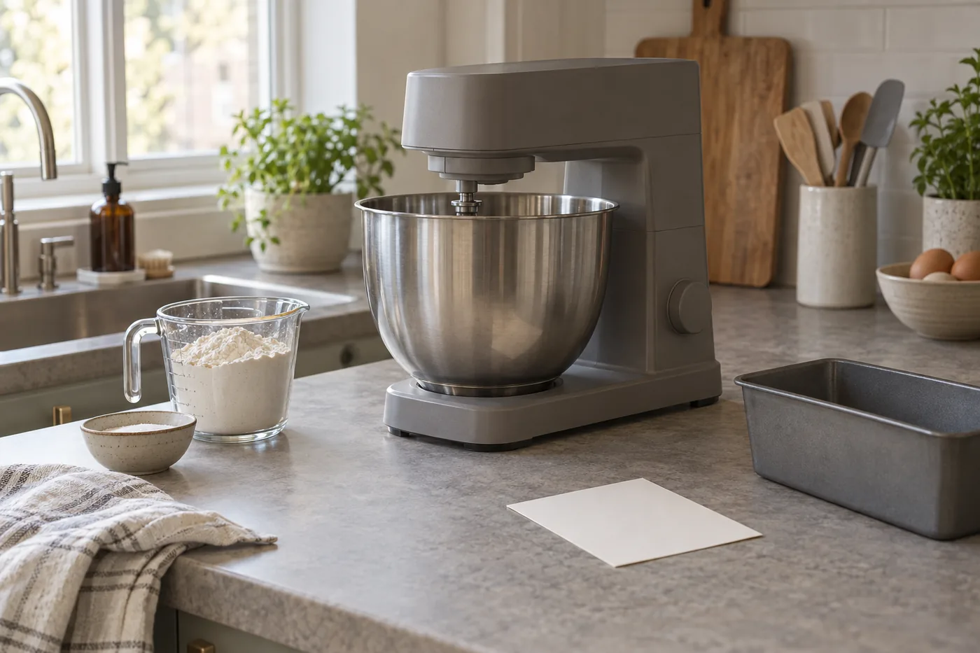 An unbranded stand mixer beside a recipe card, measured flour, and a loaf pan on an American apartment kitchen counter